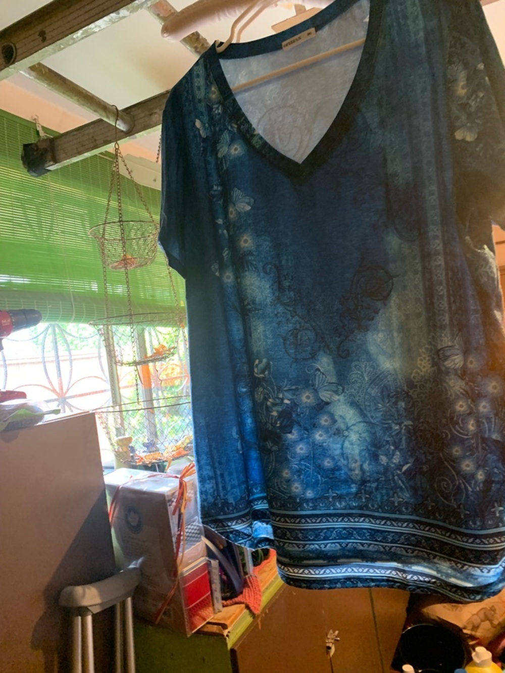 Ofeefan Blue Floral V-Neck Tunic Top Size XXL